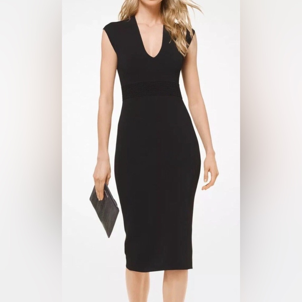 Michael Kors Black Cap-Sleeve Midi Sheath Dress